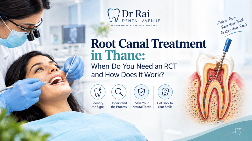 Root canal treatment in Thane showing a dentist performing RCT and a detailed illustration of the tooth root canal procedure at Dr Rai Dental Avenue.