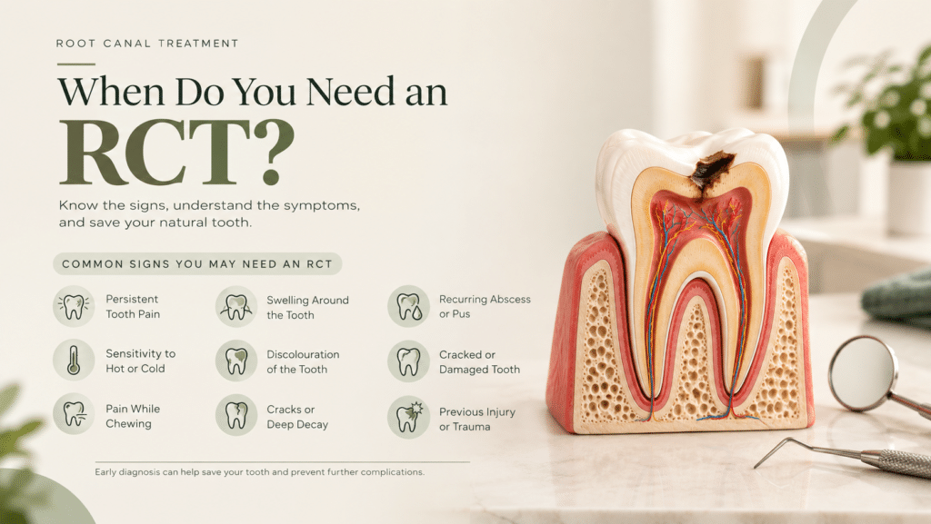 Root canal treatment infographic explaining common signs that may indicate the need for an RCT, including persistent tooth pain, hot or cold sensitivity, pain while chewing, swelling, tooth discolouration, recurring abscess, cracks, deep decay, and previous trauma, alongside a detailed tooth cross-section.